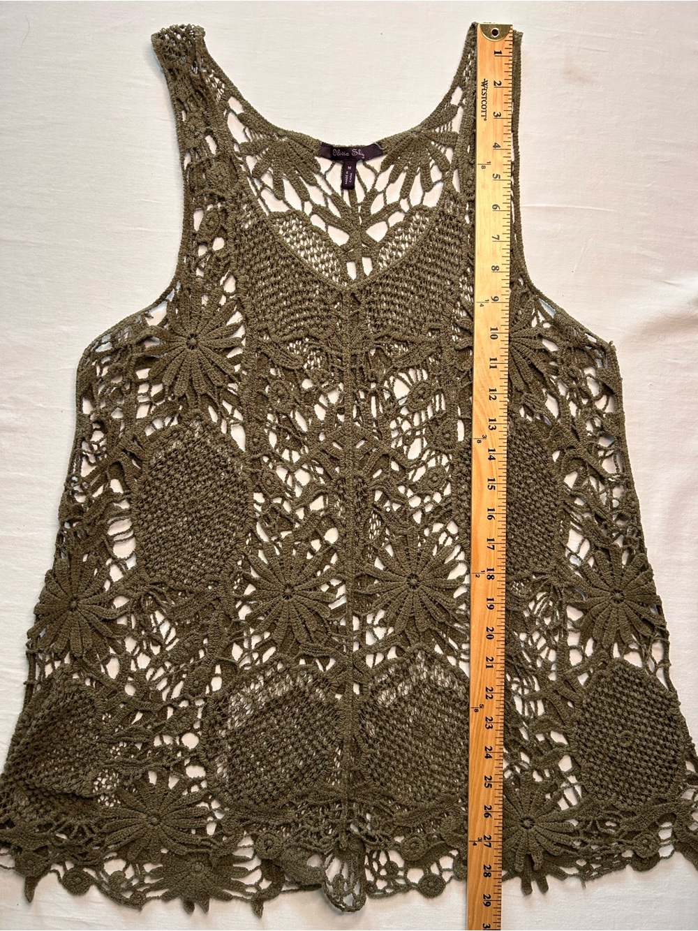 Olivia Sky Crochet Lace Tank Top Medium Olive Green Boho Floral Open Knit - Picture 5 of 6